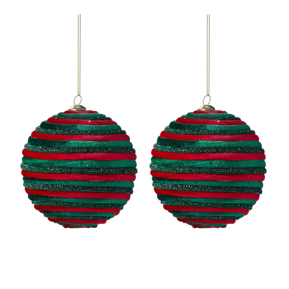 Viv! Christmas Bauble - Velvet w/ Rhinestones - Set of 2 - Green Red - 10 cm