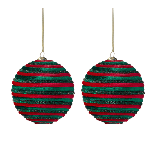 Viv! Christmas Kerstbal - Fluweel met Strass - set van 2 - groen rood - 10cm