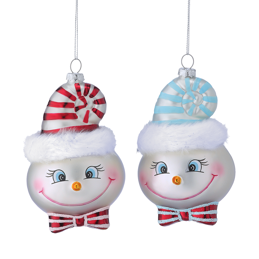 Viv! Christmas Kerstornament - Sneeuwpop met Snoep Muts - set van 2 - glas - rood blauw - 13cm