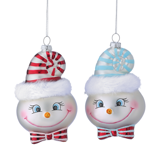 Viv! Christmas Weihnachtsanhänger - Schneemann mit Süßigkeiten-Mütze - 2er-Set - Glas - Rot Blau - 13 cm