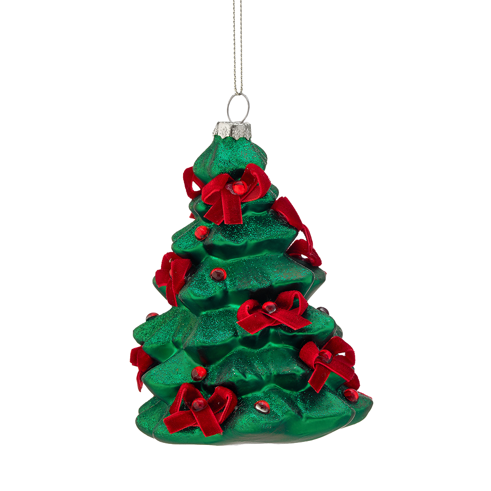 Viv! Christmas Weihnachtsanhänger - Weihnachtsbaum mit Samtschleifen - Glas - Grün Rot - 13 cm