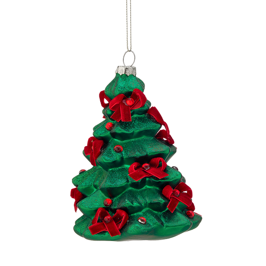 Viv! Christmas Weihnachtsanhänger - Weihnachtsbaum mit Samtschleifen - Glas - Grün Rot - 13 cm