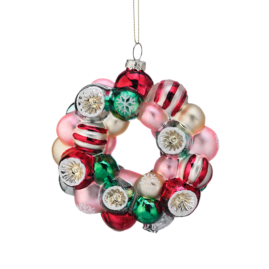 Viv! Christmas Weihnachtsanhänger - Candy-Weihnachtskranz mit Reflektor-Weihnachtskugeln - Glas - 14 cm