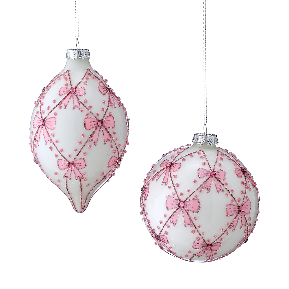 Viv! Christmas Weihnachtskugel - Schleifen & Glitzer - 2er-Set - Glas - Rosa Weiß - 18 und 13 cm