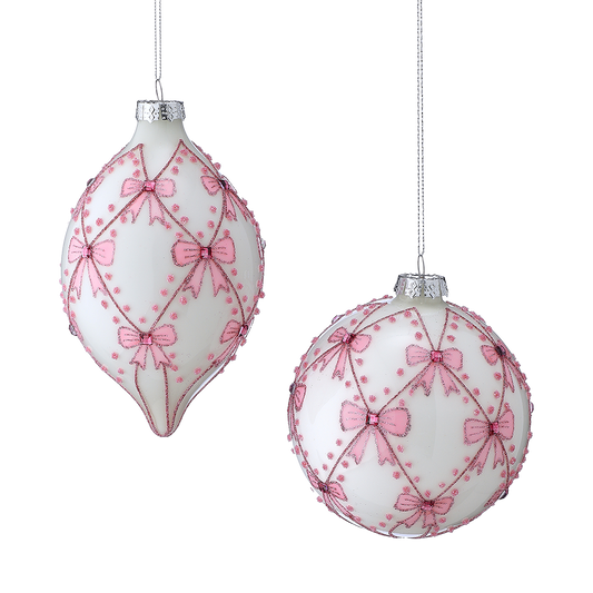 Viv! Christmas Kerstbal - Strikjes & Glitter - set van 2 - glas - roze wit - 18 en 13cm