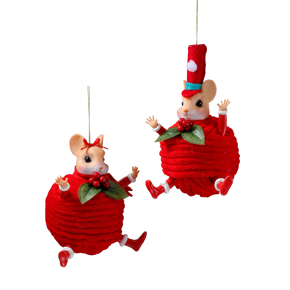 Viv! Christmas Ornament - Mice Hidden in Yarn Ball - Set of 2 - Red - 15 cm