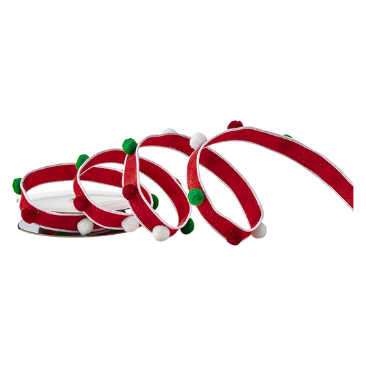 Viv! Christmas Weihnachtsband mit Draht - Filzband mit Pompons - Rot Weiß Grün - 2,7 m