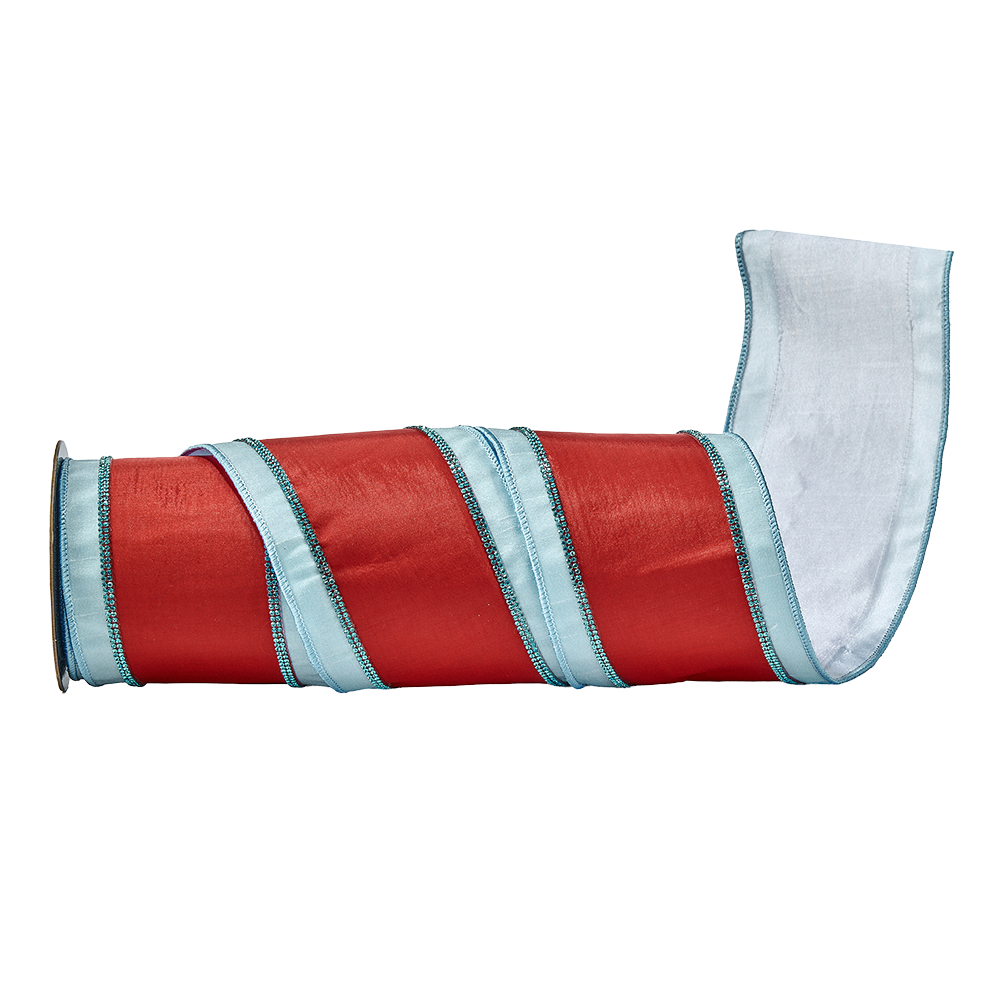 Viv! Christmas Wired Ribbon - Dupion Stripe with Rhinestones - Red Blue - 10 cm x 4.6 m
