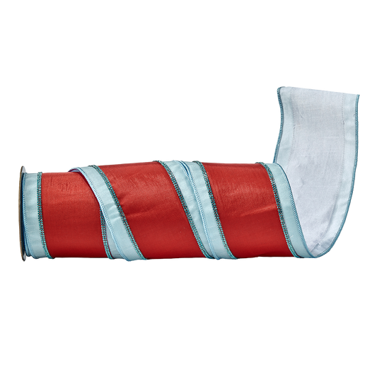 Viv! Christmas Cinta Alambrada de Navidad - Dupion a Rayas con Strass - rojo azul - 10cm x 4,6m