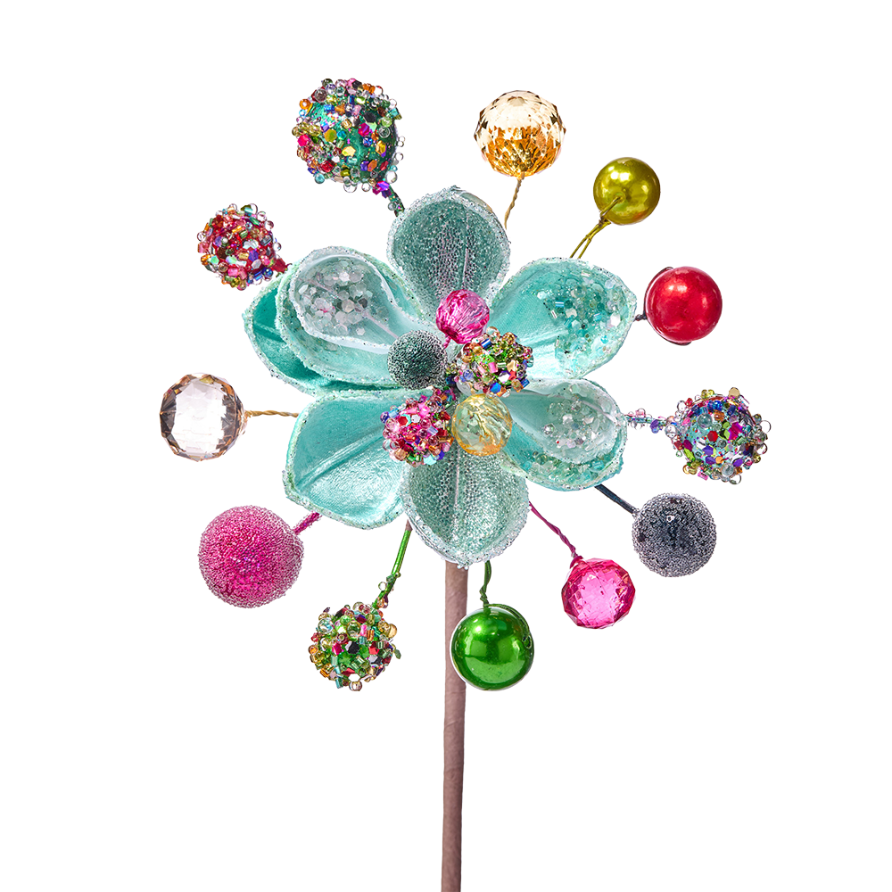 Viv! Christmas Pick - Magnolia Flower w/ Coloured Jewels - Blue - 34 cm
