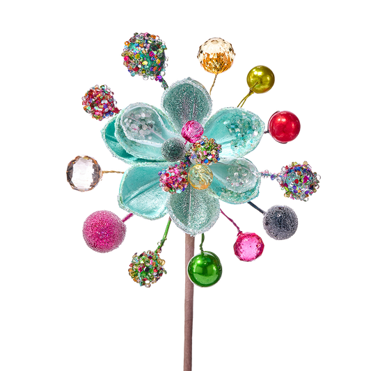 Viv! Christmas Weihnachtszweig - Magnolienblüte mit bunten Schmucksteinen - Blau - 34 cm