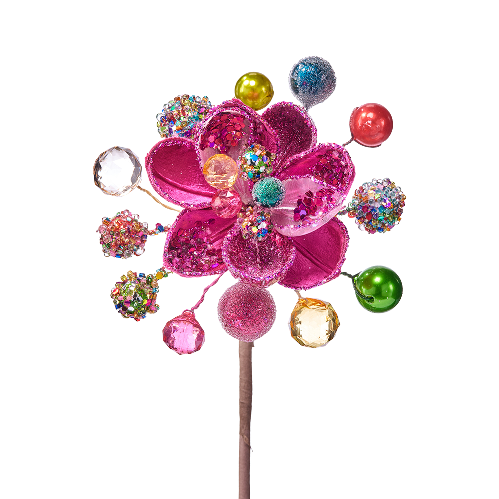 Viv! Christmas Pick - Magnolia Flower w/ Coloured Jewels - Fuchsia Pink - 34 cm