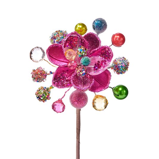 Viv! Christmas Weihnachtszweig - Magnolienblüte mit bunten Schmucksteinen - Fuchsia Rosa - 34 cm