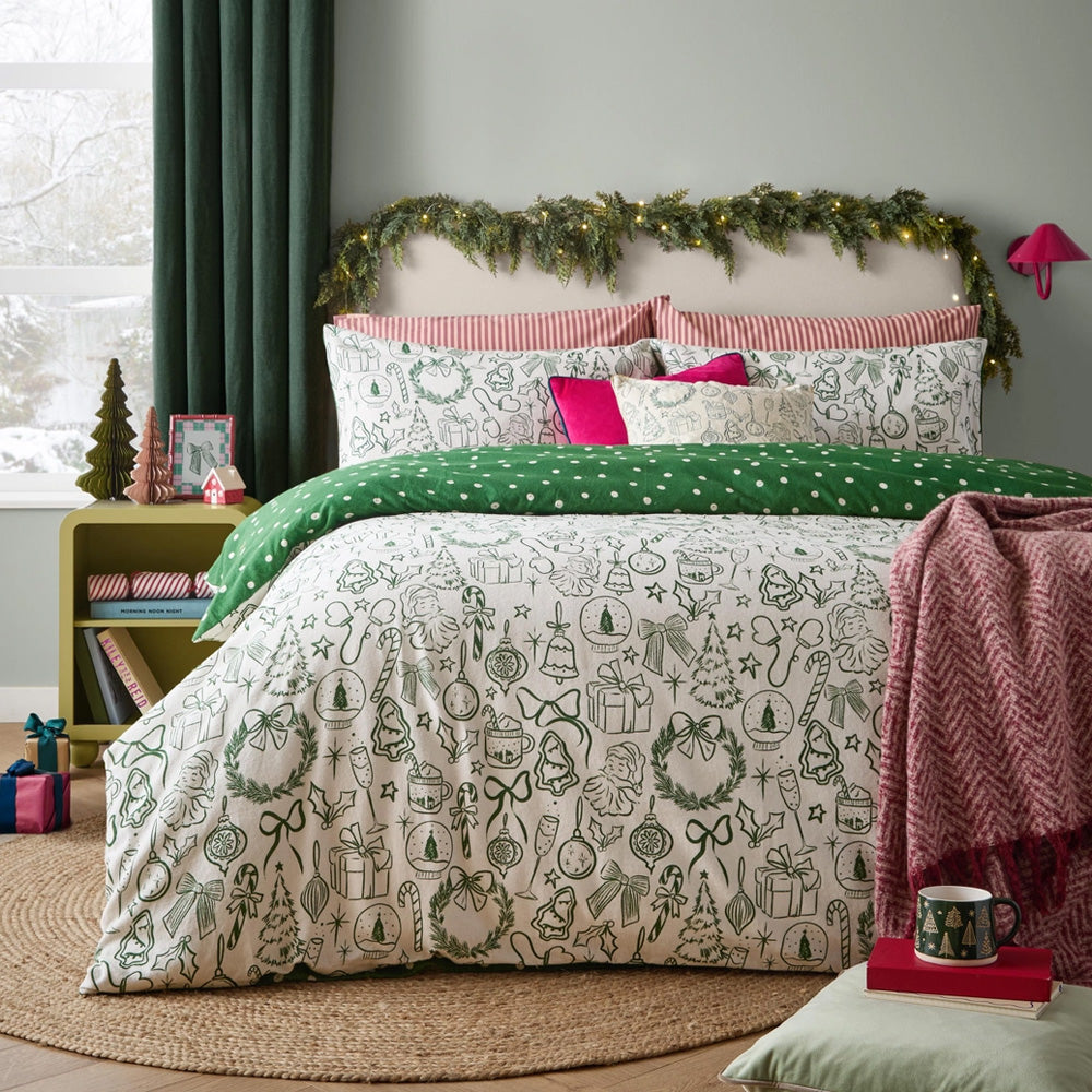 Viv! Christmas Kerst Dekbedovertrek - Groene Kerstillustraties - Brushed Cotton - Reversible | Levering ± 2 weken