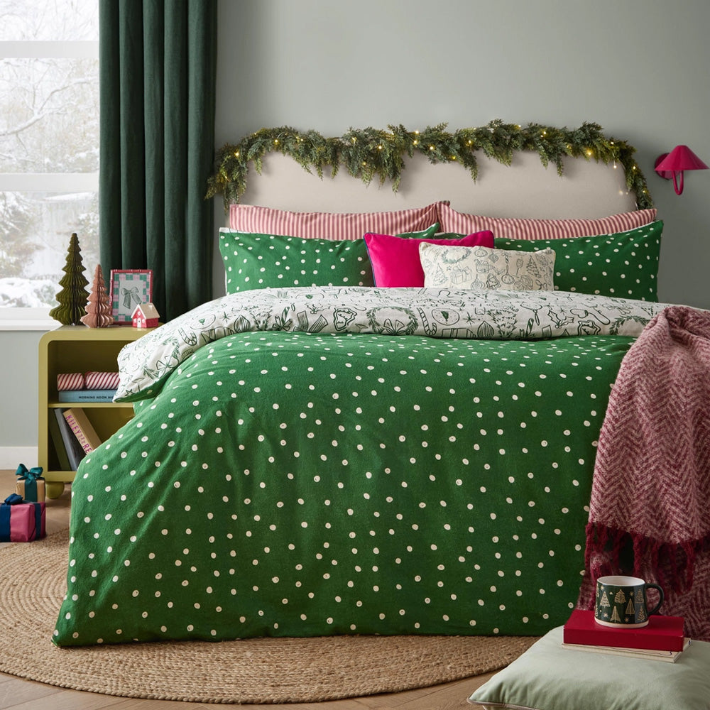 Viv! Christmas Kerst Dekbedovertrek - Groene Kerstillustraties - Brushed Cotton - Reversible | Levering ± 2 weken