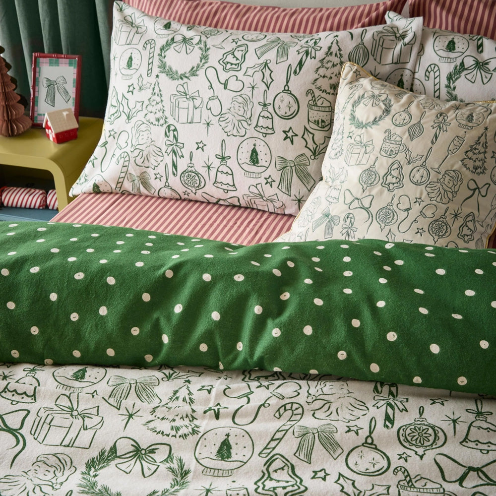 Viv! Christmas Kerst Dekbedovertrek - Groene Kerstillustraties - Brushed Cotton - Reversible | Levering ± 2 weken