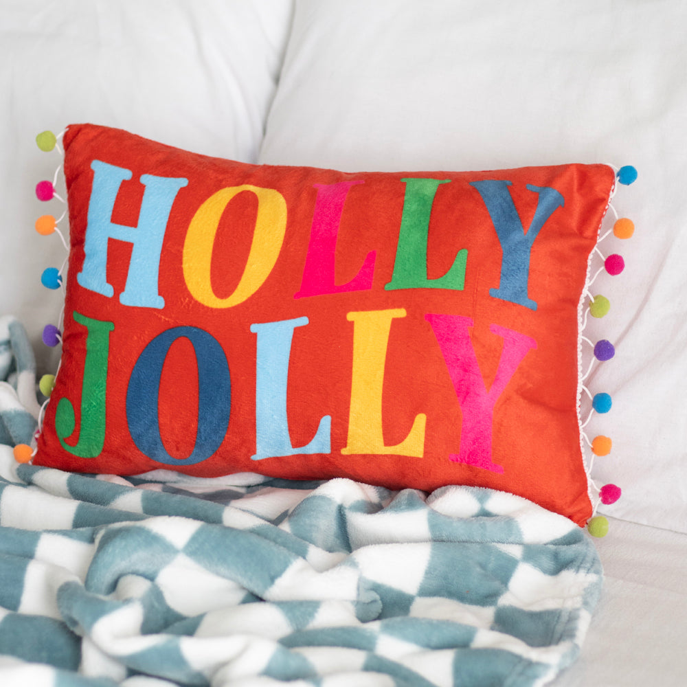 Viv! Christmas Cushion - 'Holly Jolly' with Pom-Poms - 40cm