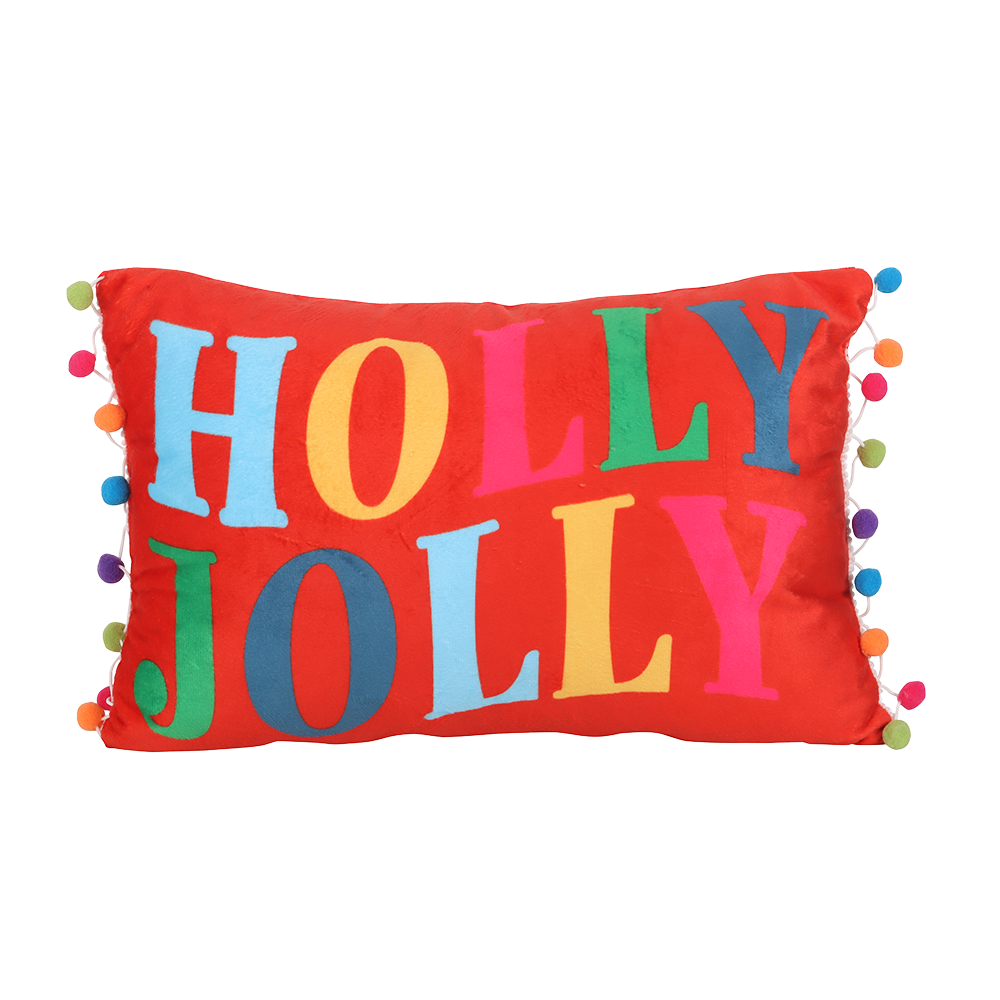 Viv! Christmas Cushion - 'Holly Jolly' with Pom-Poms - 40cm