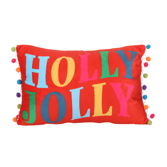 Viv! Christmas Cushion - 'Holly Jolly' with Pom-Poms - 40cm