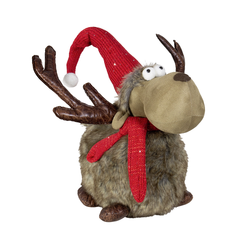 Viv! Christmas Kerstbeeld - Liggend Rendier met Kerstmuts - rood bruin - 45cm