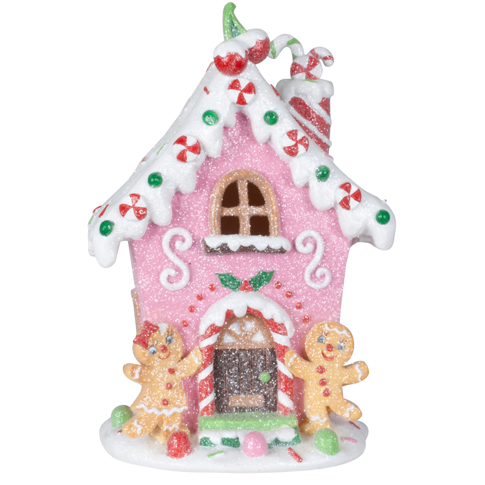 Viv! Christmas Kerstbeeld - Gingerbread Huis incl. LED Verlichting - roze wit - 20cm