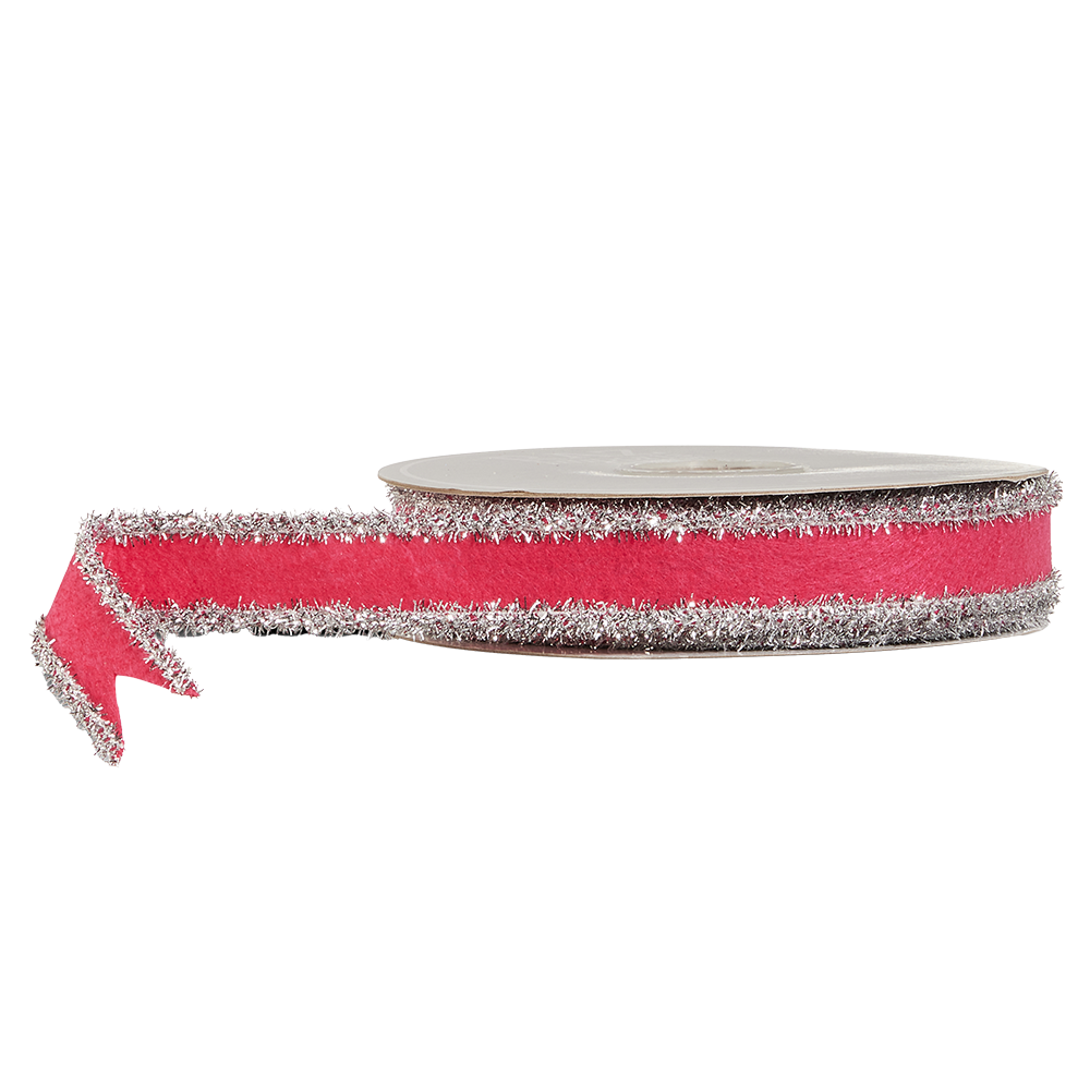Viv! Christmas Wired Ribbon - Tinsel Felt - Dark Pink Silver - 2.5 cm x 9.1 m