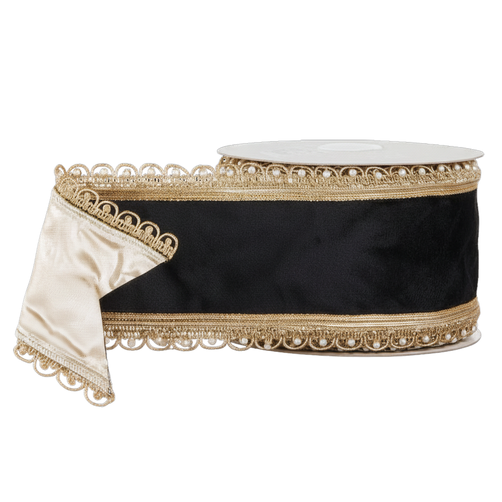 Viv! Christmas Wired Ribbon - Velvet with Pearl Edges - Black - 10 cm x 9.1 m