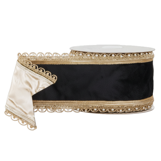 Viv! Christmas Cinta Alambrada de Navidad - Terciopelo con Perlas - negro - 10cm x 9,1m
