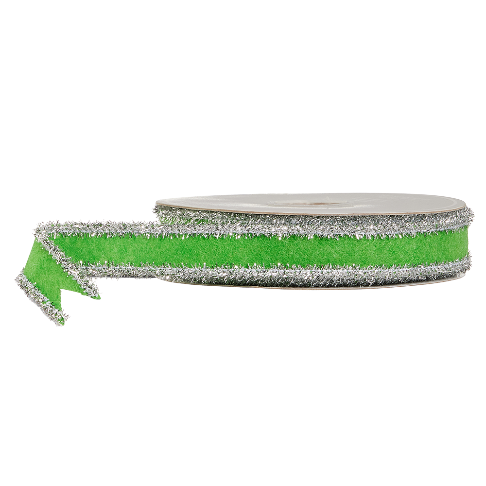 Viv! Christmas Wired Ribbon - Tinsel Felt - Green Silver - 2.5 cm x 9.1 m