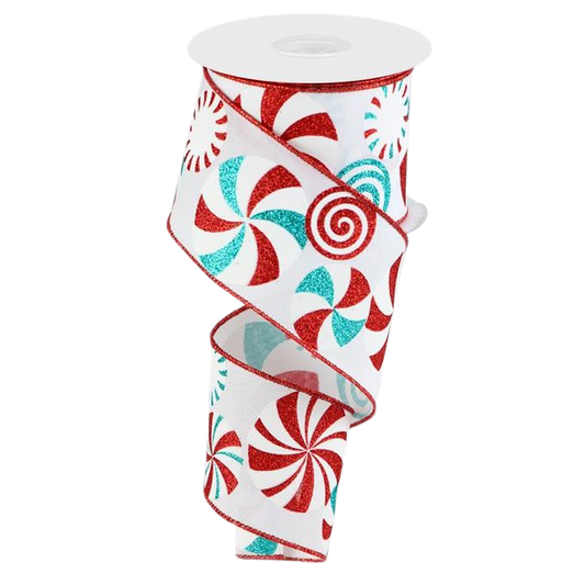 Viv! Christmas Wired Ribbon - Glitter Peppermint Candies - Red White Blue - 6.3 cm x 9.1 m