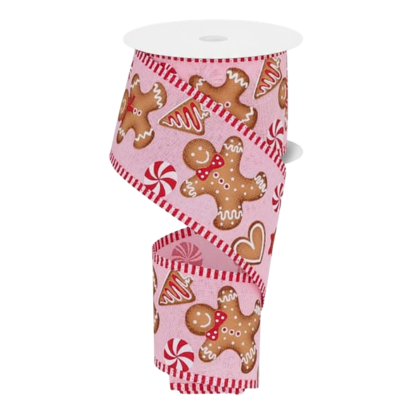 Viv! Christmas Wired Ribbon - Gingerbread with Candy Print - Pink Red - 6.3 cm x 9.1 m