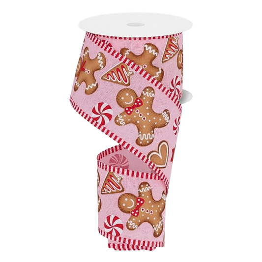 Viv! Christmas Wired Ribbon - Gingerbread with Candy Print - Pink Red - 6.3 cm x 9.1 m