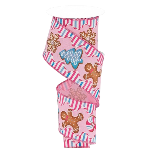 Viv! Christmas Wired Ribbon - Gingerbread with Candy Print - Pink Blue - 6.3 cm x 9.1 m