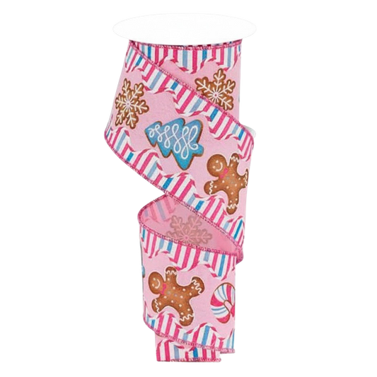 Viv! Christmas Wired Ribbon - Gingerbread with Candy Print - Pink Blue - 6.3 cm x 9.1 m