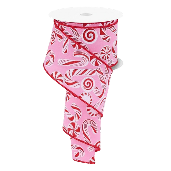 Viv! Christmas Weihnachtsband mit Draht - Glitzerband mit Zuckerstangen- und Süßigkeiten-Print - Rosa Rot - 6,3 cm x 9,1 m