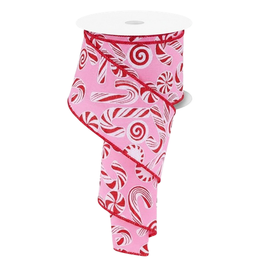 Viv! Christmas Wired Ribbon - Glitter Candy Canes - Pink Red - 6.3 cm x 9.1 m