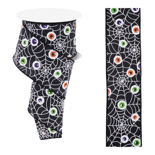 Viv! Christmas Halloween Lint met Ijzerdraad - Spinnenweb en Oogjes Print - 6,3cm x 9,1m