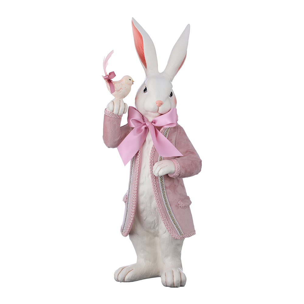 Viv! Christmas Easter Decoration - French Easter Bunny with Pink Coat and Bird - pink white - 53cm