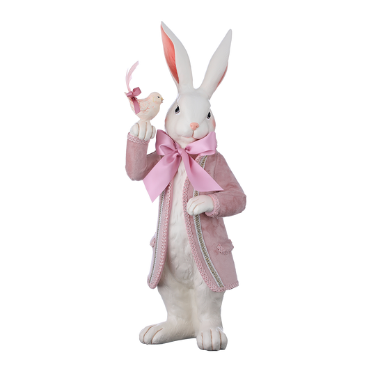 Viv! Christmas Easter Decoration - French Easter Bunny with Pink Coat and Bird - pink white - 53cm
