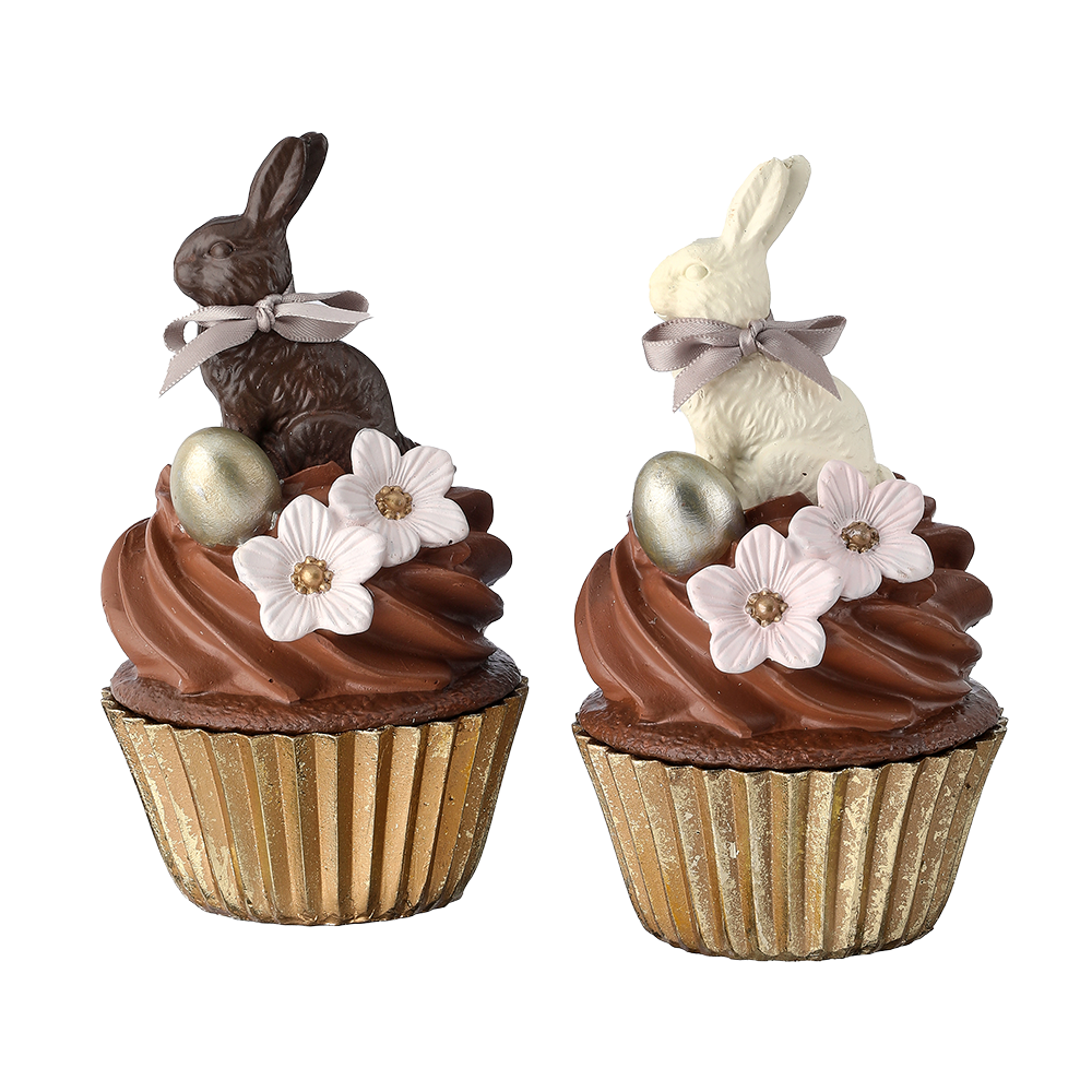 B-KEUZE: Viv! Christmas Paasdecoratie - Chocolade Cupcake met Paashaas - set van 2 - pasen - bruin wit goud - 15cm