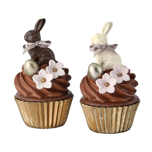 B-KEUZE: Viv! Christmas Paasdecoratie - Chocolade Cupcake met Paashaas - set van 2 - pasen - bruin wit goud - 15cm