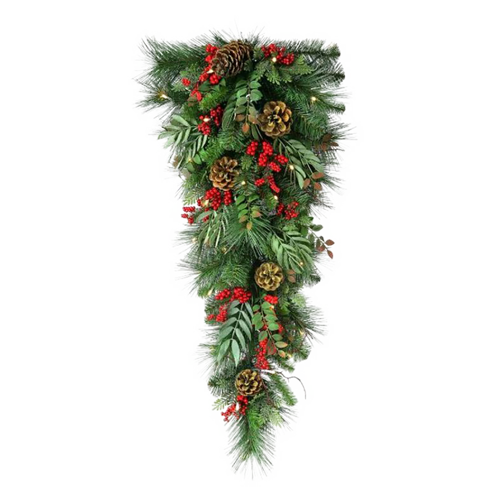 Viv! Christmas Artificial Teardrop Christmas Wreath - Mixed Pine Branches with Red Berries and Pine Cones - Green - 81cm