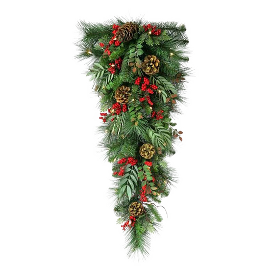 Viv! Christmas Artificial Teardrop Christmas Wreath - Mixed Pine Branches with Red Berries and Pine Cones - Green - 81cm