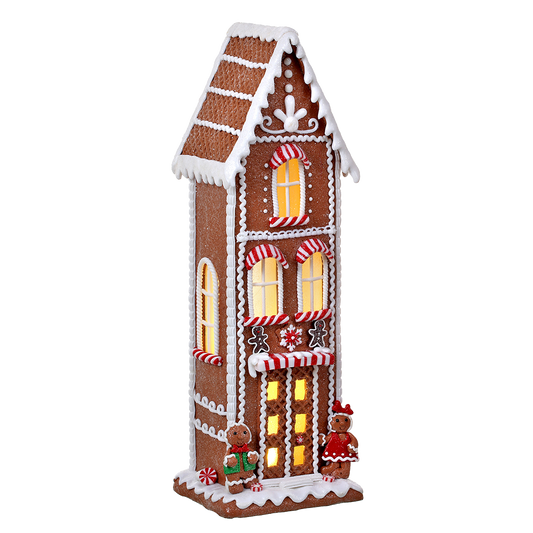 Viv! Weihnachtsstatue - Hohes Lebkuchen-Tonhaus inkl. LED-Beleuchtung - rot weiß braun - 43cm