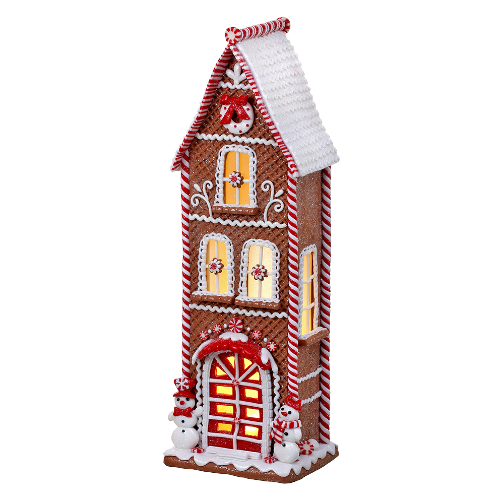 Viv! Christmas Kerstbeeld - Hoog Gingerbread Huis met Sneeuwpop incl. LED Verlichting - rood wit bruin - 43cm