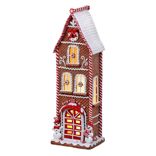 Levering vanaf half november: Viv! Christmas Kerstbeeld - Hoog Gingerbread Huis met Sneeuwpop incl. LED Verlichting - rood wit bruin - 43cm