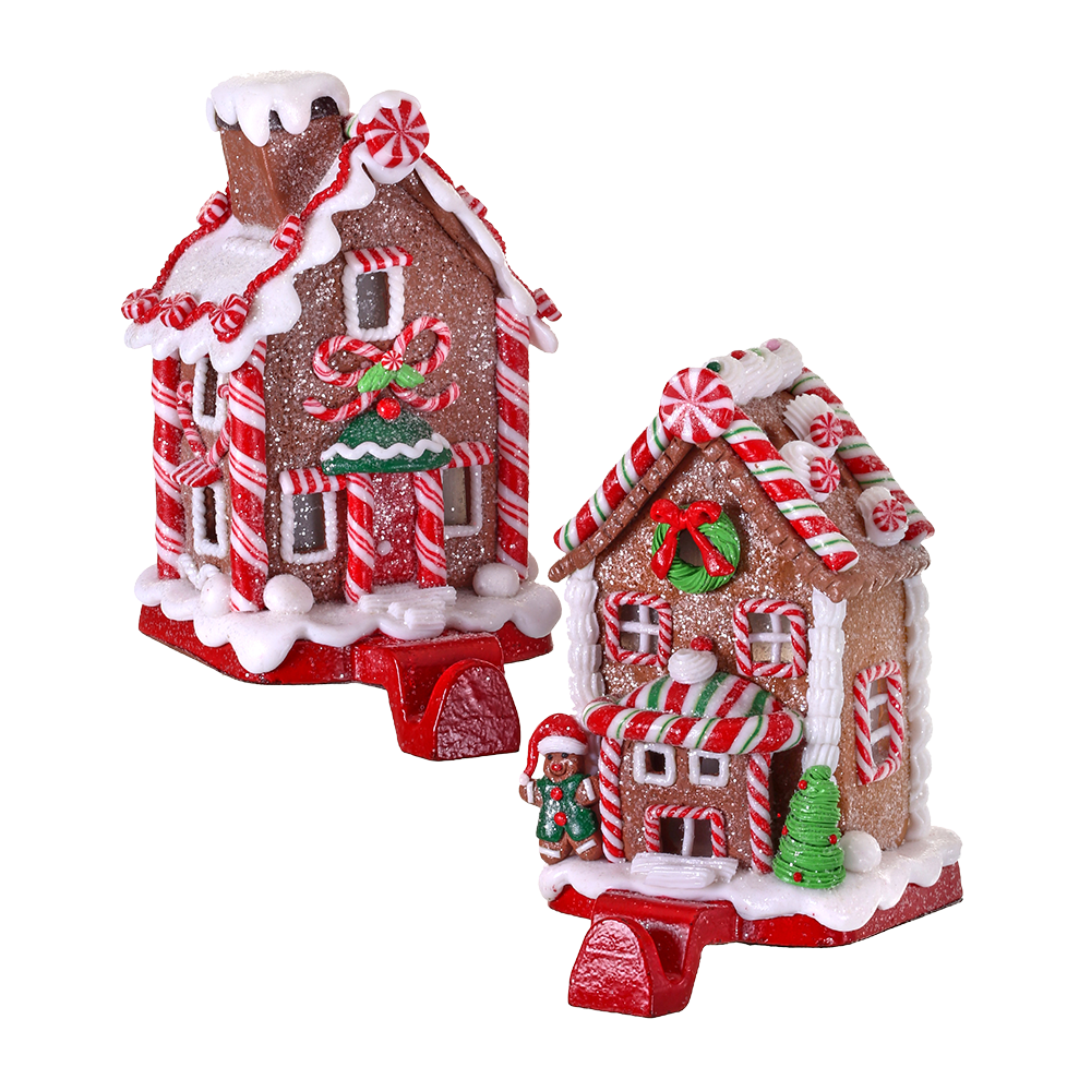 Viv! Christmas Kerstbeeld - Gingerbread Snoephuis van Klei Kerstsok Houder - set van 2 - rood wit bruin - 17cm