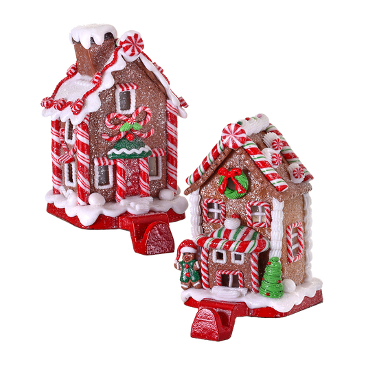 Viv! Christmas Stocking Holder - Clay Gingerbread Candy House - Set of 2 - Red White Brown - 17cm