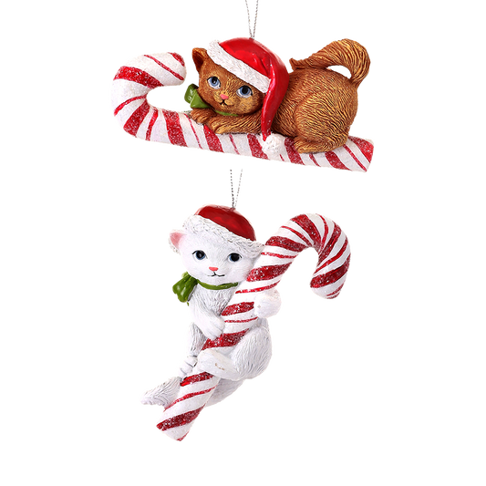 Viv! Christmas Ornament - Kittens with Candy Canes - Set of 2 - White Red - 10cm