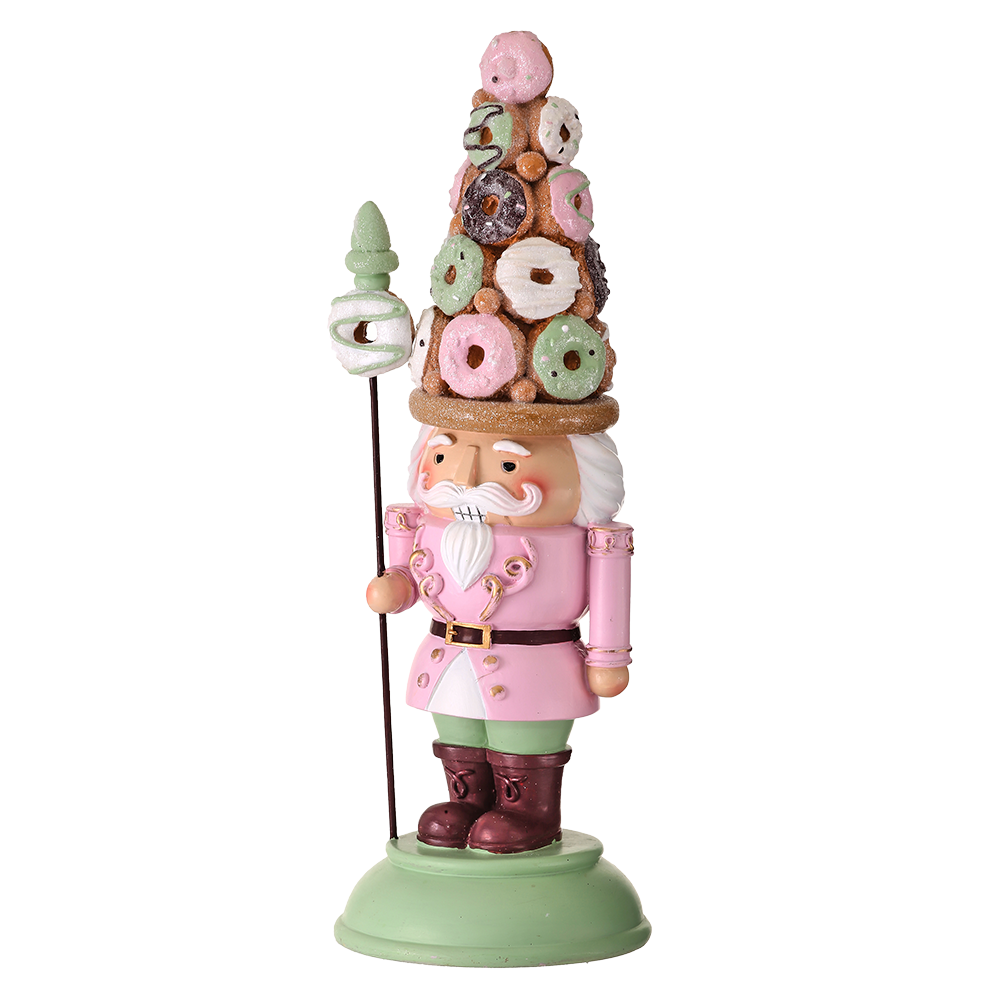 Viv! Weihnachtsstatue – Nussknacker mit Donut-Hut und Stab – Pastell – Rosa-Grün – 38 cm